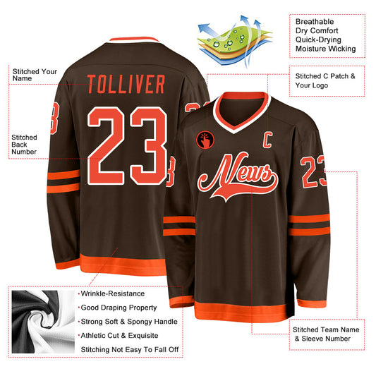 Custom Brown Orange-White Hockey Jersey - Sky-Custom