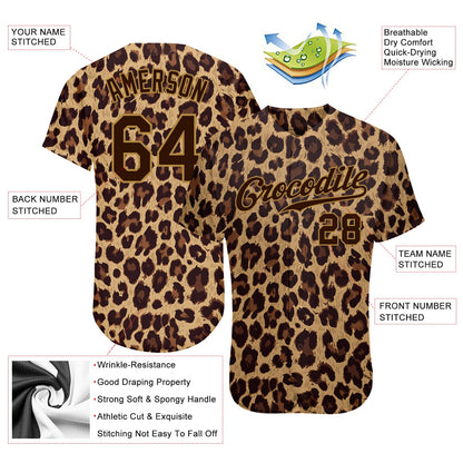 Custom Brown Brown-Old Gold 3D Pattern Design Leopard Authentic Baseball Jersey - Sky-Custom
