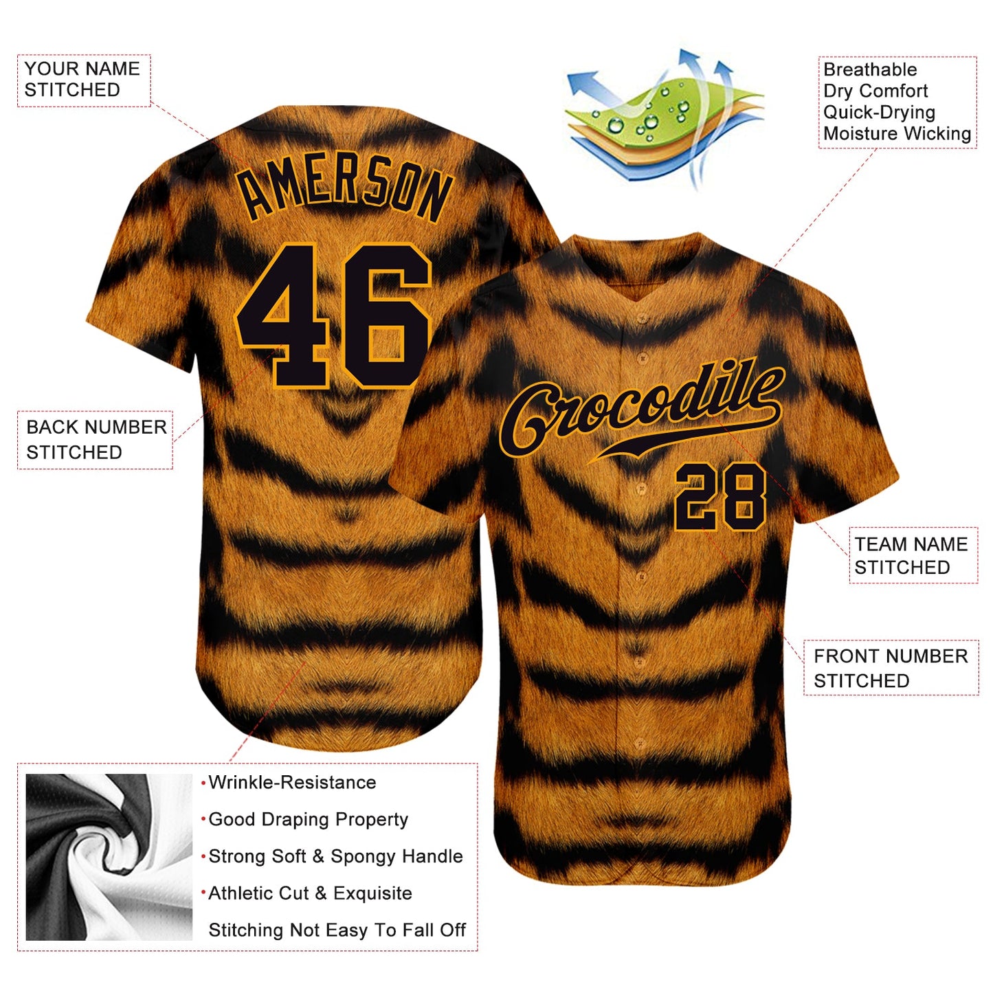 Custom Brown Black-Gold 3D Pattern Design Tiger Authentic Baseball Jersey - Sky-Custom