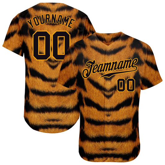 Custom Brown Black-Gold 3D Pattern Design Tiger Authentic Baseball Jersey - Sky-Custom