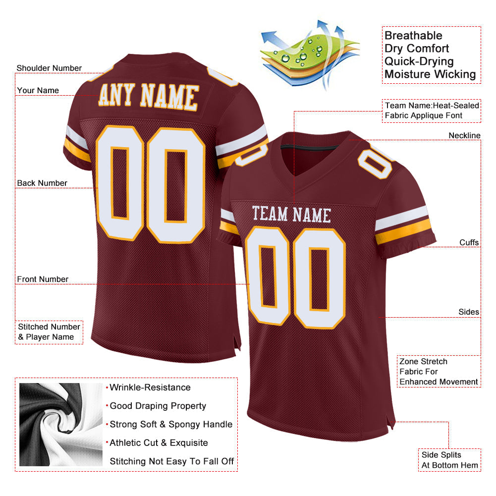 Custom Burgundy White-Gold Mesh Authentic Football Jersey - Sky-Custom