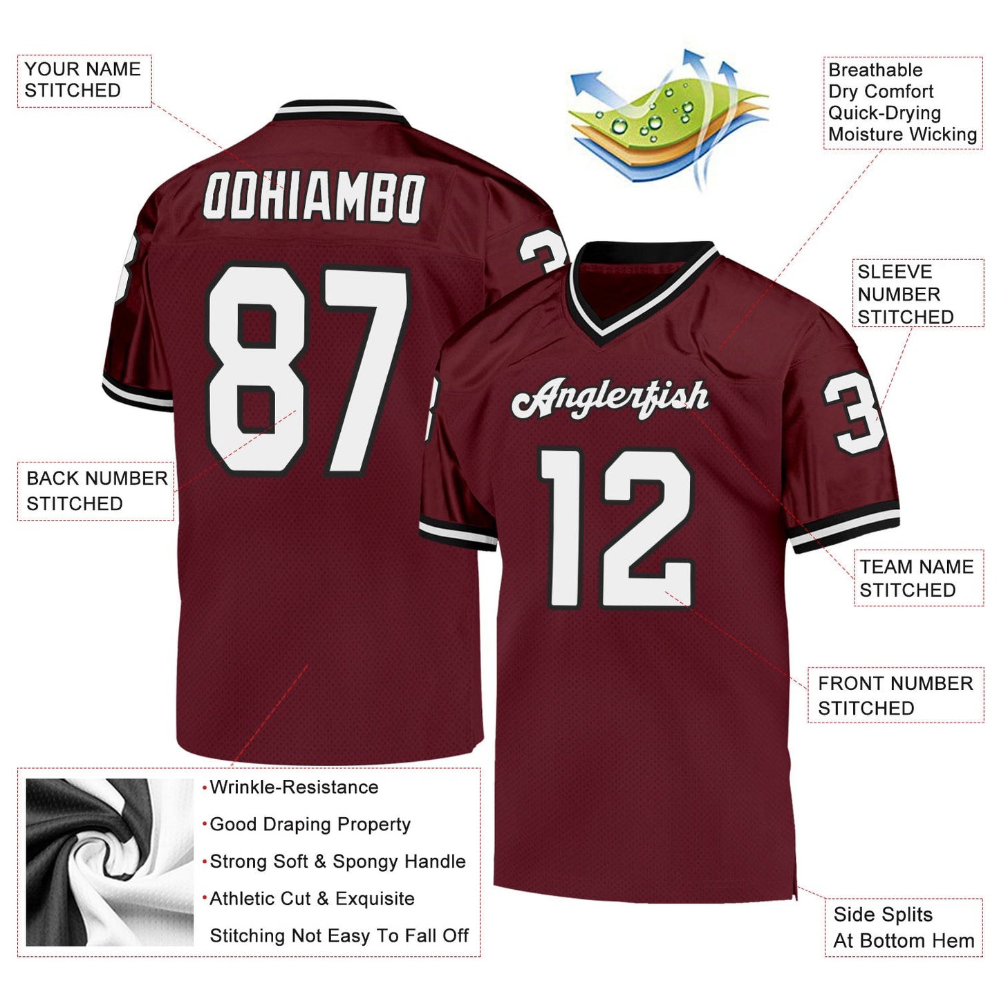 Custom Burgundy White-Black Mesh Authentic Throwback Football Jersey - Sky-Custom