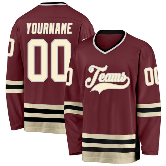 Custom Burgundy Cream-Black Hockey Jersey - Sky-Custom