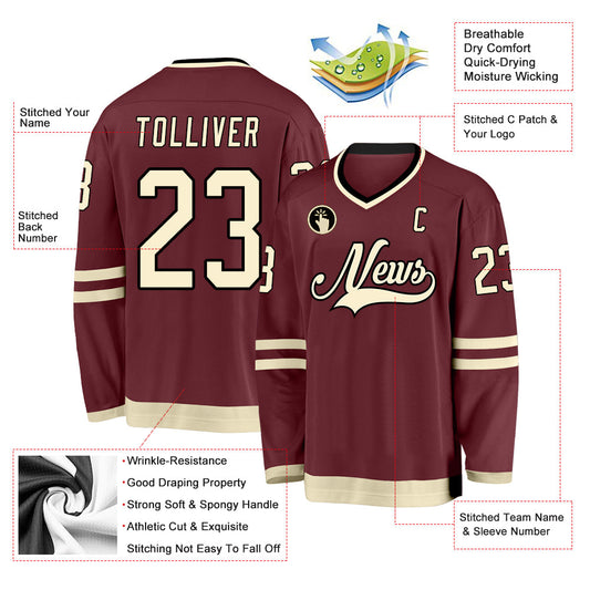 Custom Burgundy Cream-Black Hockey Jersey - Sky-Custom
