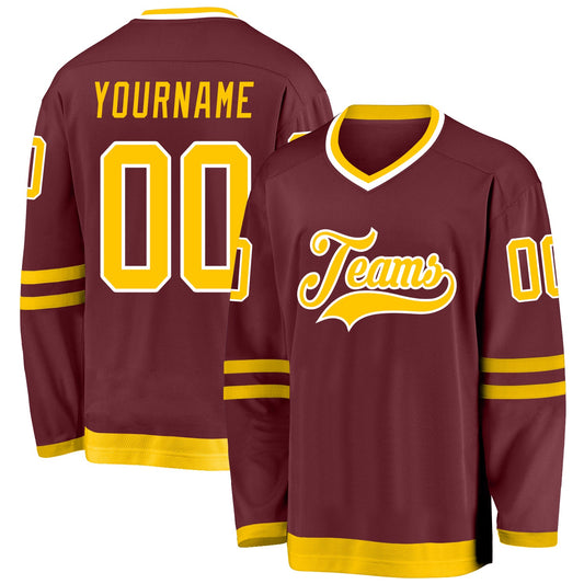Custom Burgundy Gold-White Hockey Jersey - Sky-Custom