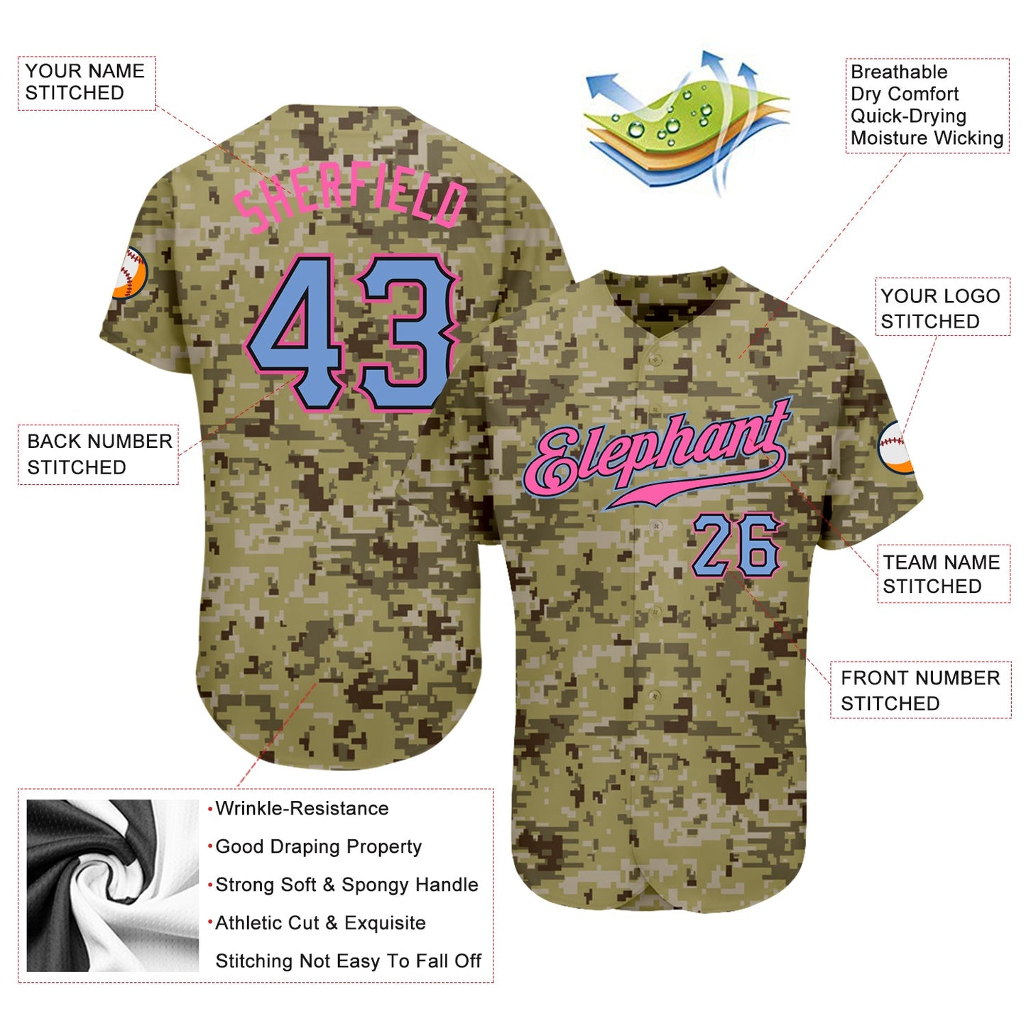 Custom Camo Light Blue-Pink Authentic Salute To Service Baseball Jersey - Sky-Custom