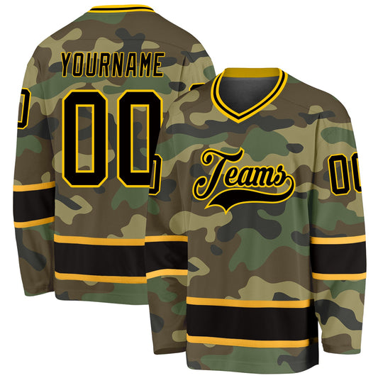 Custom Camo Black-Gold Salute To Service Hockey Jersey - Sky-Custom