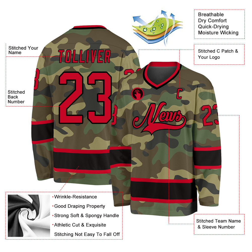 Custom Camo Red-Black Salute To Service Hockey Jersey - Sky-Custom