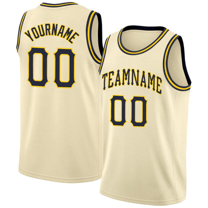 Custom Cream Navy-Gold Round Neck Rib-Knit Basketball Jersey - Sky-Custom