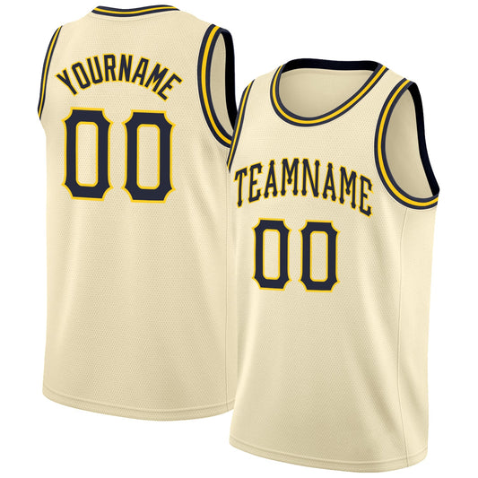 Custom Cream Navy-Gold Round Neck Rib-Knit Basketball Jersey - Sky-Custom
