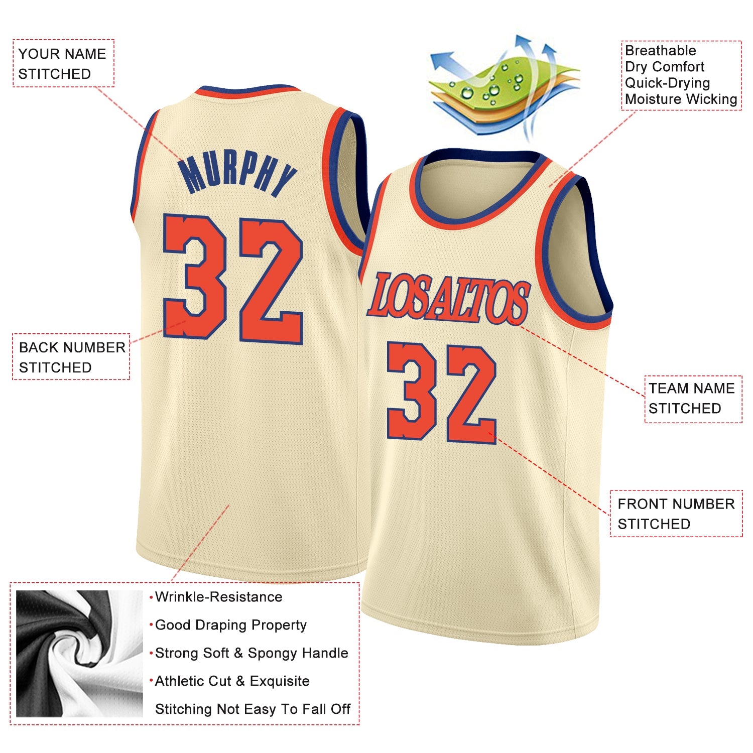 Custom Cream Orange-Royal Round Neck Rib-Knit Basketball Jersey - Sky-Custom