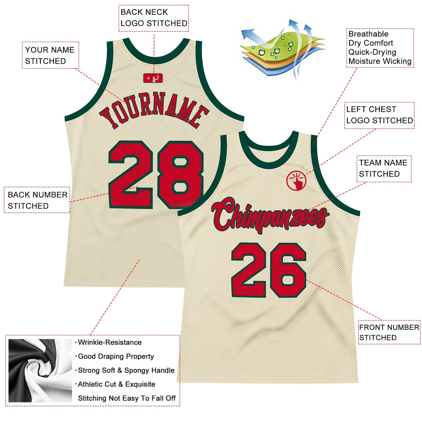 Custom Cream Red-Hunter Green Authentic Throwback Basketball Jersey - Sky-Custom