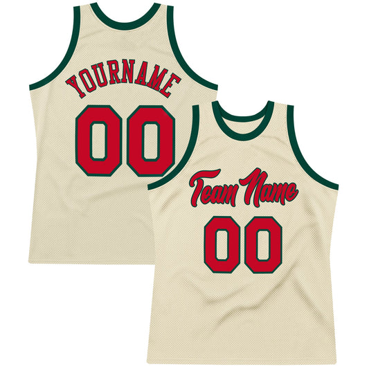 Custom Cream Red-Hunter Green Authentic Throwback Basketball Jersey - Sky-Custom