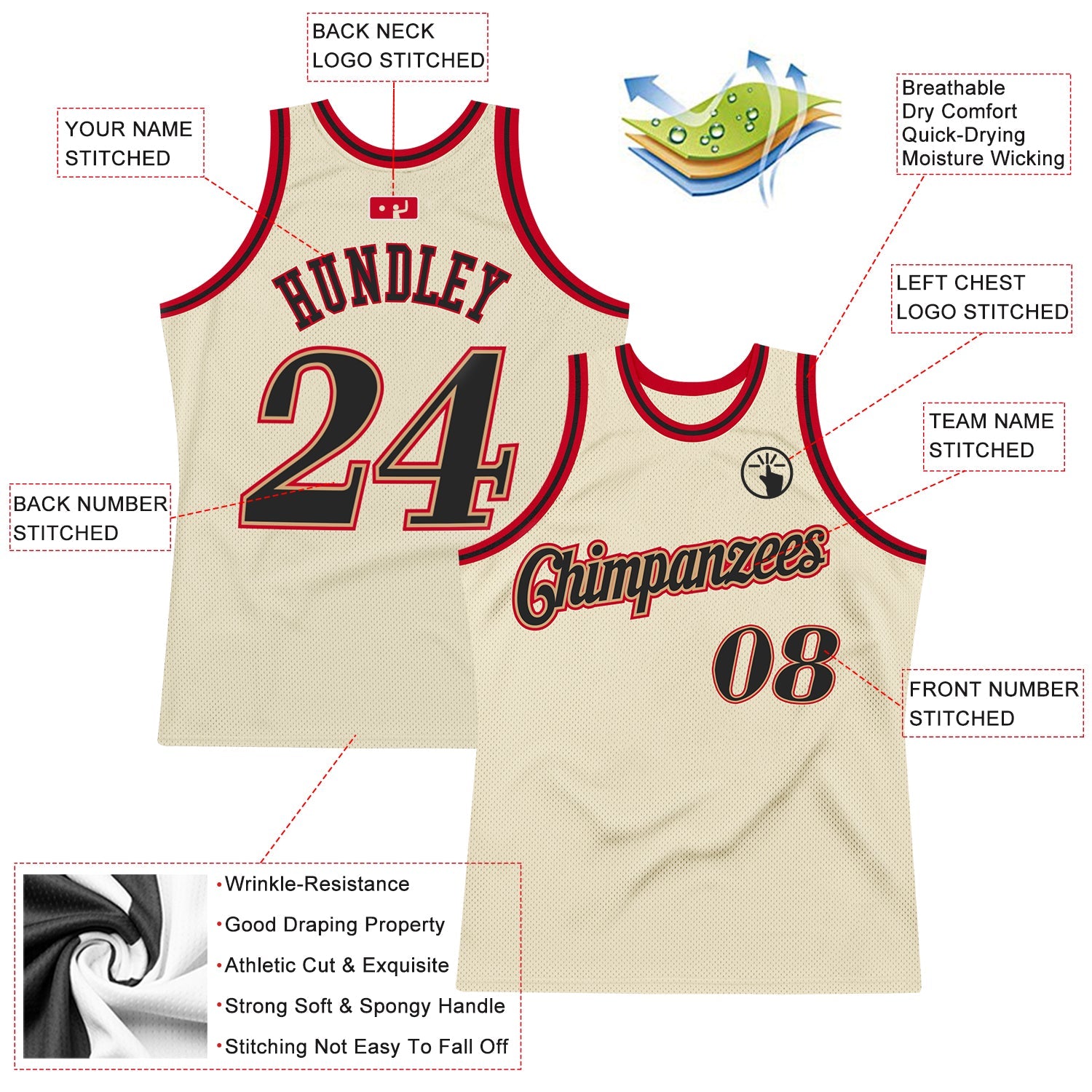 Custom Cream Black-Red Authentic Throwback Basketball Jersey - Sky-Custom