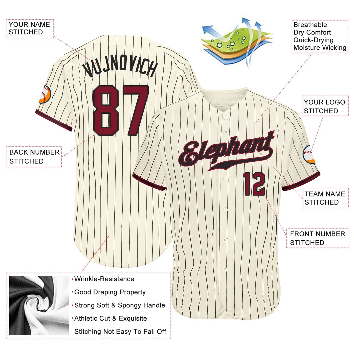 Custom Cream Black Pinstripe Crimson-Black Authentic Baseball Jersey - Sky-Custom
