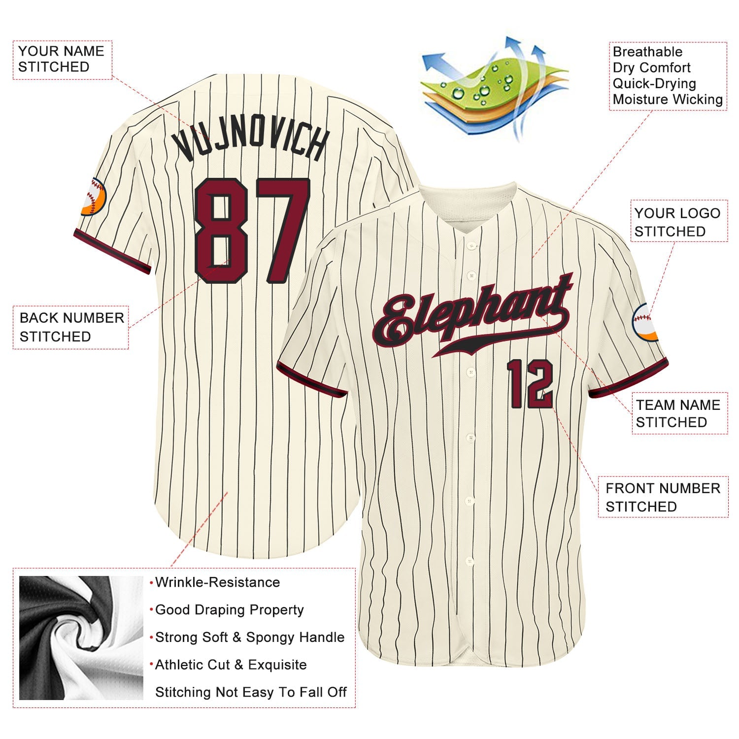 Custom Cream Black Pinstripe Crimson-Black Authentic Baseball Jersey - Sky-Custom