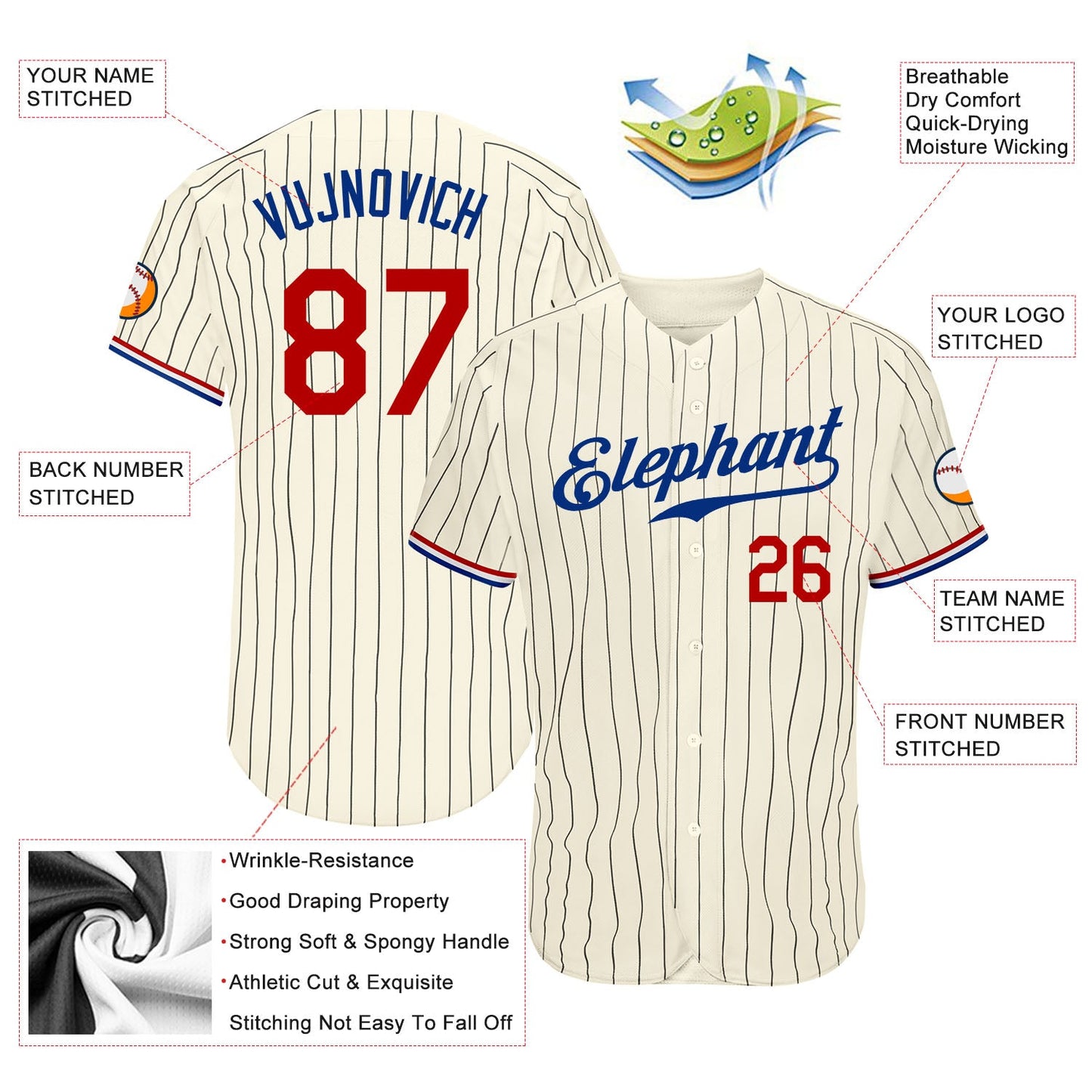 Custom Cream Black Pinstripe Red-Royal Authentic Baseball Jersey - Sky-Custom