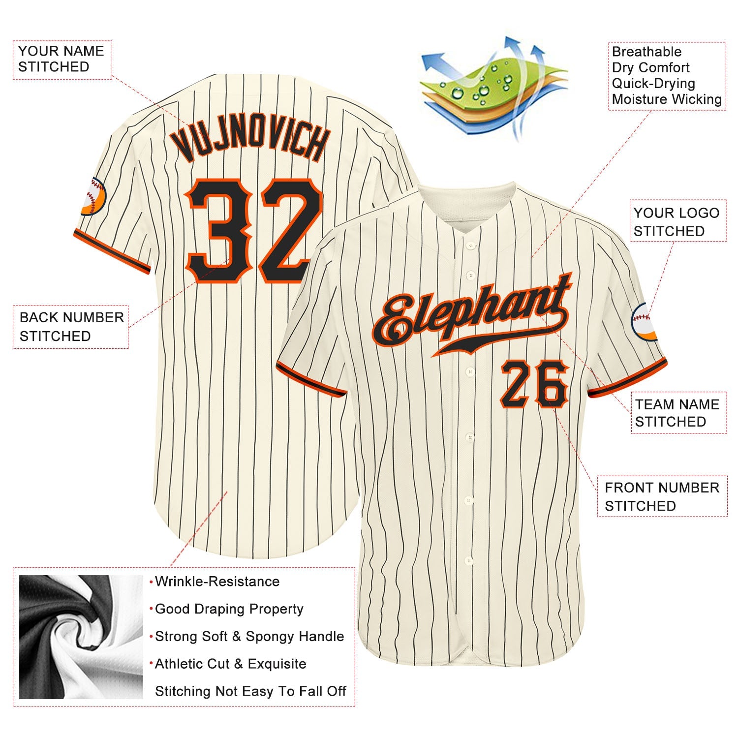 Custom Cream Black Pinstripe Black-Orange Authentic Baseball Jersey - Sky-Custom