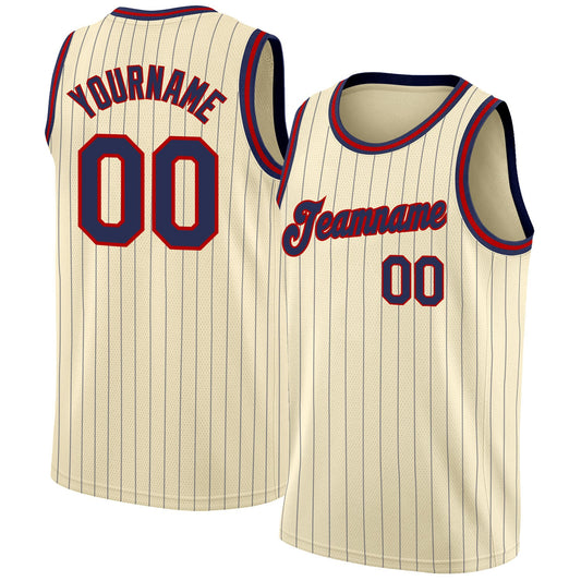 Custom Cream Navy Pinstripe Navy-Red Authentic Basketball Jersey - Sky-Custom