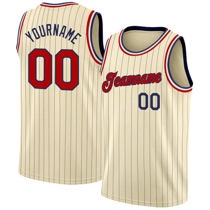 Custom Cream Navy Pinstripe Red-Black Authentic Basketball Jersey - Sky-Custom