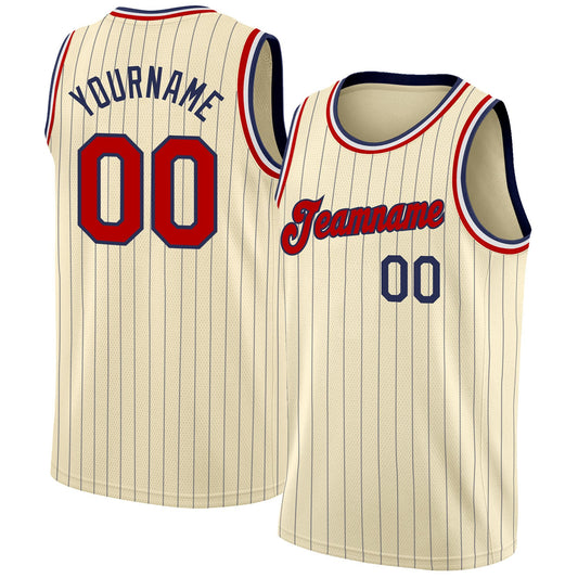 Custom Cream Navy Pinstripe Red-Black Authentic Basketball Jersey - Sky-Custom