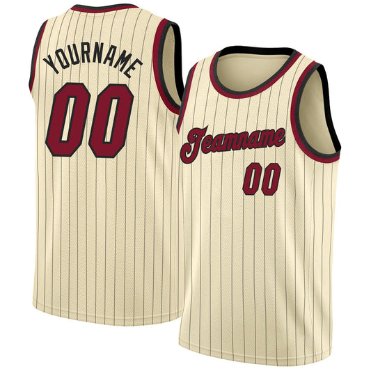 Custom Cream Black Pinstripe Maroon-Black Authentic Basketball Jersey - Sky-Custom