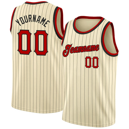 Custom Cream Black Pinstripe Red-Black Authentic Basketball Jersey - Sky-Custom