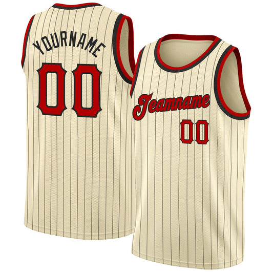 Custom Cream Black Pinstripe Red-Black Authentic Basketball Jersey - Sky-Custom