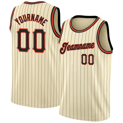 Custom Cream Black Pinstripe Black-Orange Authentic Basketball Jersey - Sky-Custom