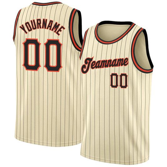 Custom Cream Black Pinstripe Black-Orange Authentic Basketball Jersey - Sky-Custom