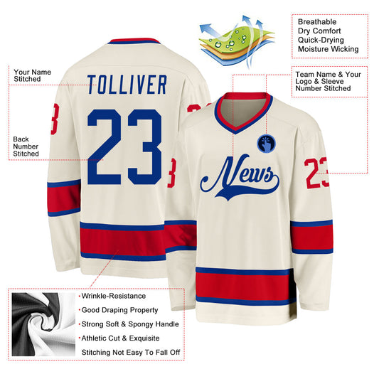 Custom Cream Royal-Red Hockey Jersey - Sky-Custom