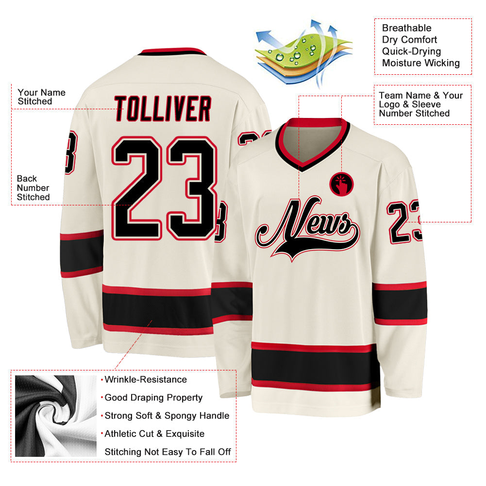 Custom Cream Black-Red Hockey Jersey - Sky-Custom