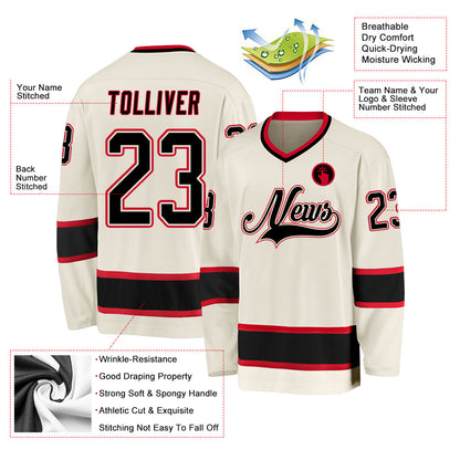 Custom Cream Black-Red Hockey Jersey - Sky-Custom