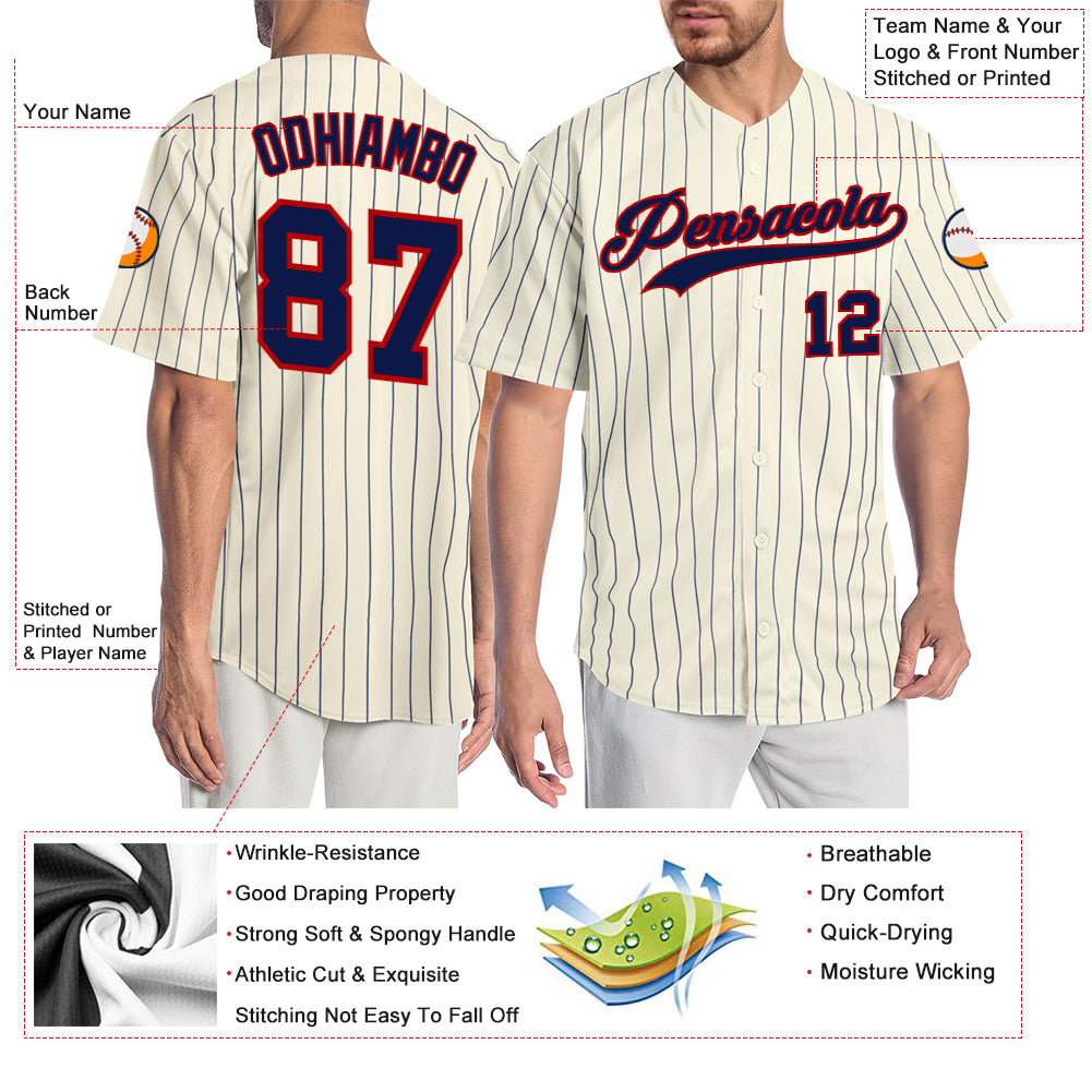 Custom Cream Navy Pinstripe Navy-Red Authentic Baseball Jersey - Sky-Custom