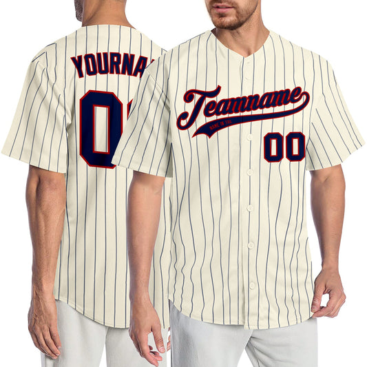 Custom Cream Navy Pinstripe Navy-Red Authentic Baseball Jersey - Sky-Custom