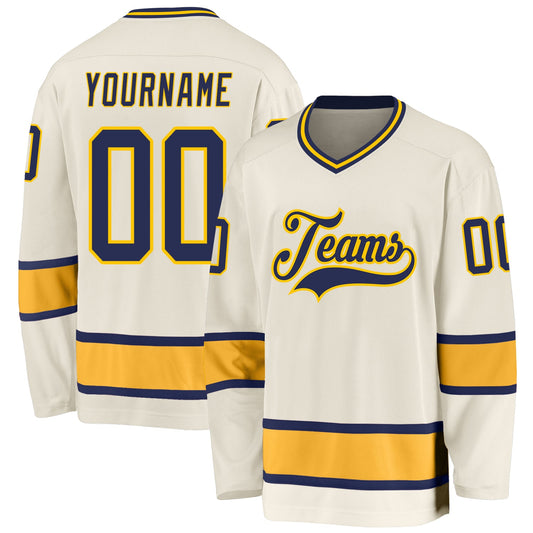 Custom Cream Navy-Gold Hockey Jersey - Sky-Custom