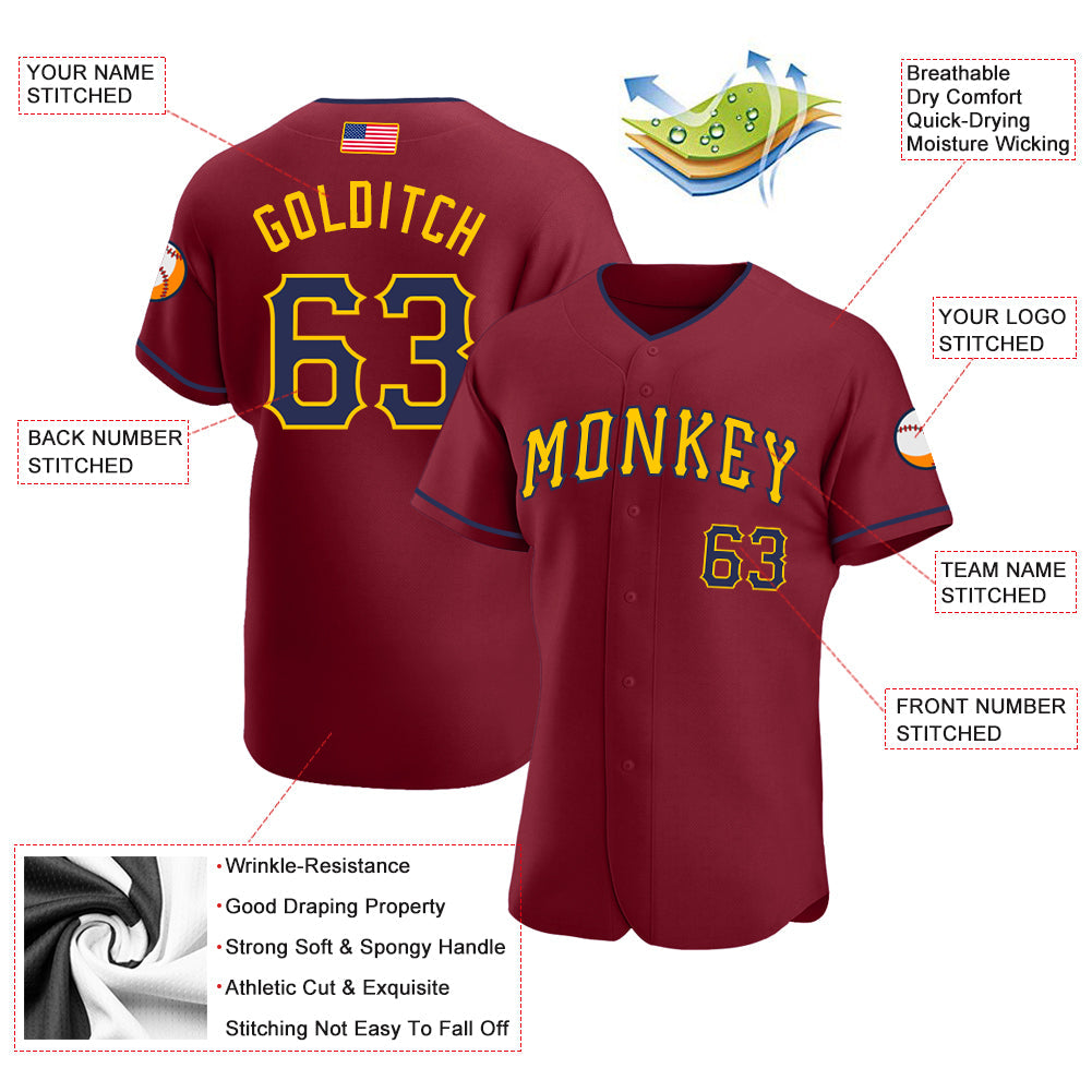 Custom Crimson Navy-Gold Authentic American Flag Fashion Baseball Jersey - Sky-Custom