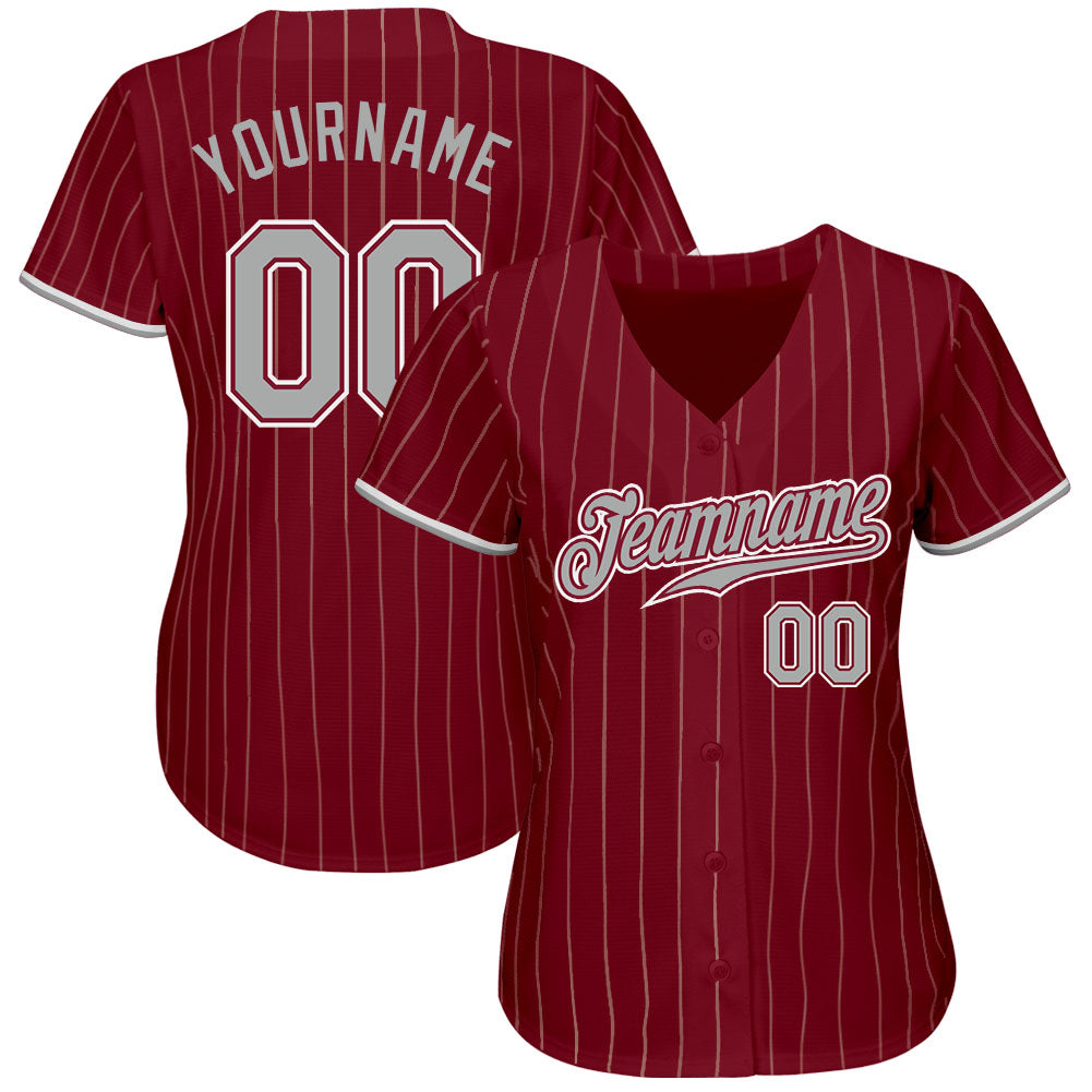 Custom Crimson Cream Pinstripe Gray-White Authentic Baseball Jersey - Sky-Custom