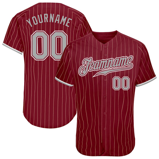 Custom Crimson Cream Pinstripe Gray-White Authentic Baseball Jersey - Sky-Custom