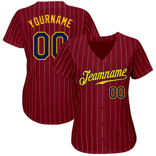Custom Crimson Cream Pinstripe Navy-Gold Authentic Baseball Jersey - Sky-Custom