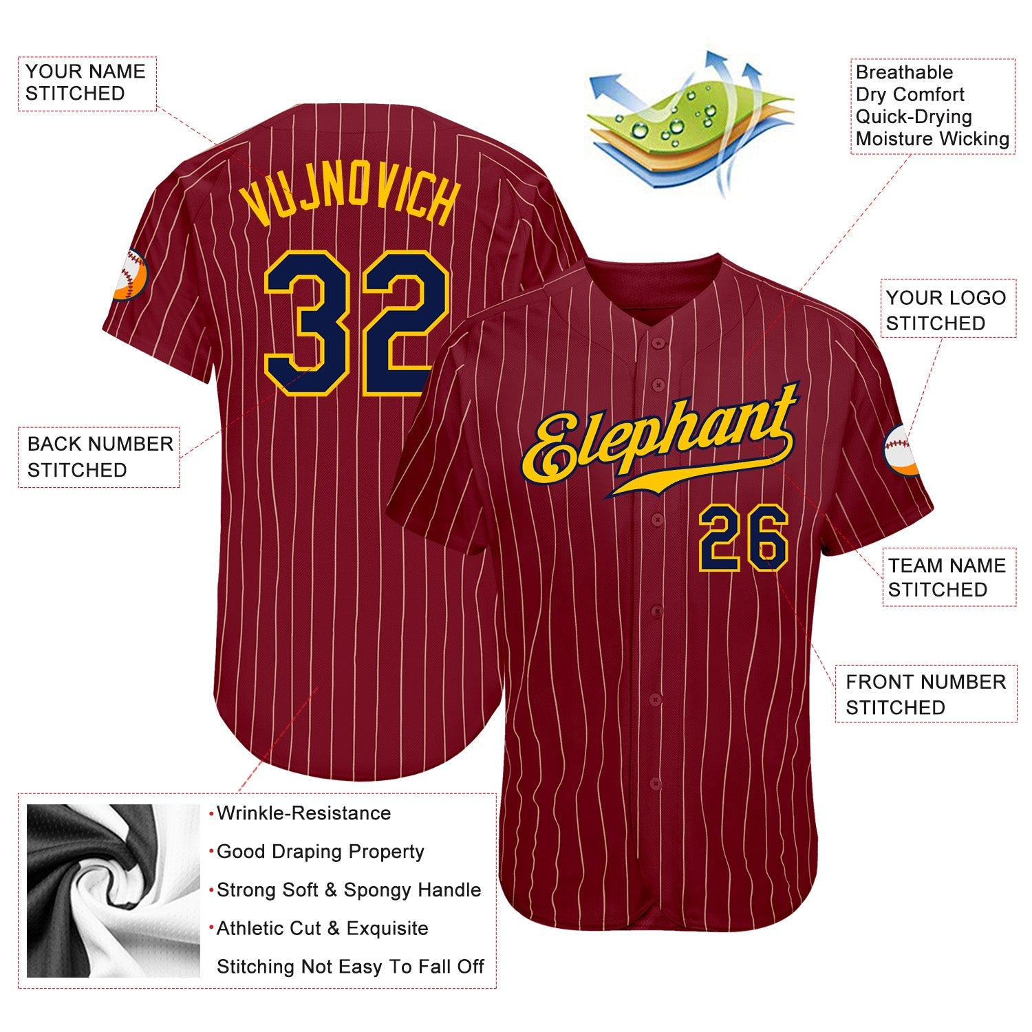 Custom Crimson Cream Pinstripe Navy-Gold Authentic Baseball Jersey - Sky-Custom