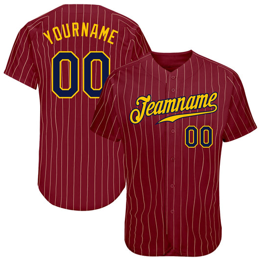 Custom Crimson Cream Pinstripe Navy-Gold Authentic Baseball Jersey - Sky-Custom