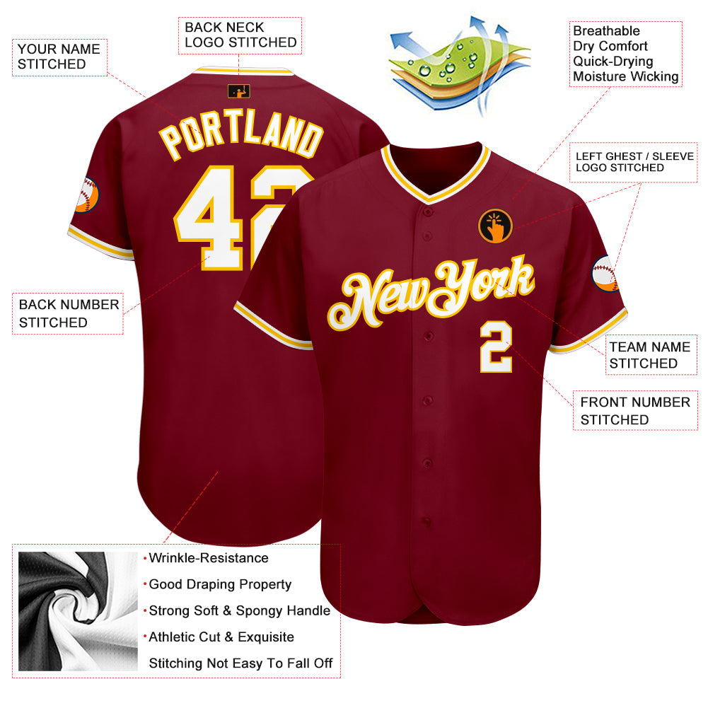 Custom Crimson White-Gold Authentic Baseball Jersey - Sky-Custom