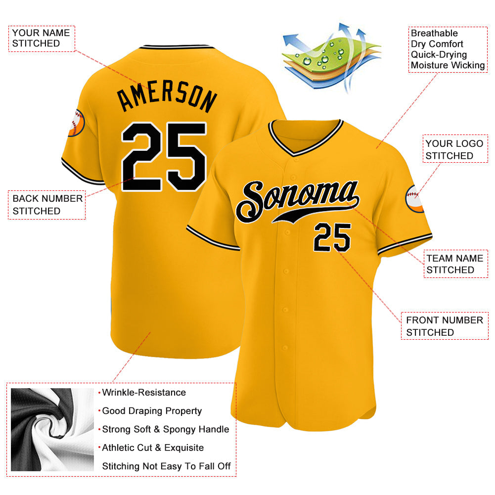 Custom Gold Black-White Authentic Baseball Jersey - Sky-Custom
