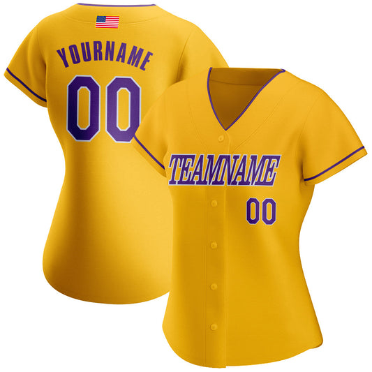 Custom Gold Purple-White Authentic American Flag Fashion Baseball Jersey - Sky-Custom