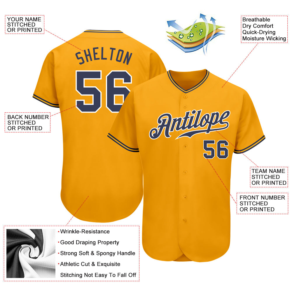 Custom Gold Navy-White Authentic Baseball Jersey - Sky-Custom