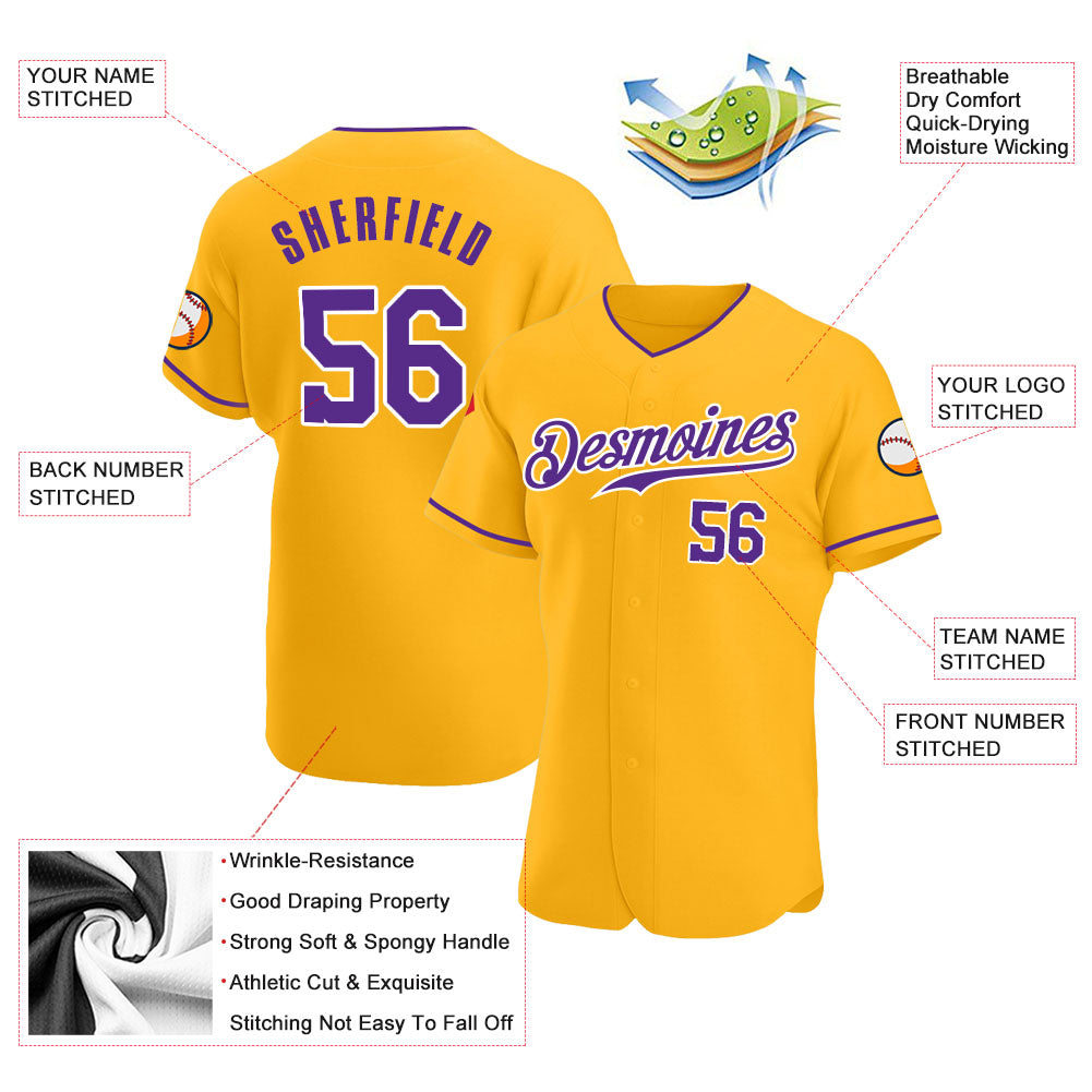 Custom Gold Purple-White Authentic Baseball Jersey - Sky-Custom