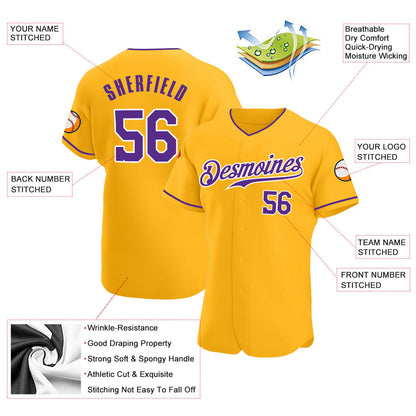 Custom Gold Purple-White Authentic Baseball Jersey - Sky-Custom