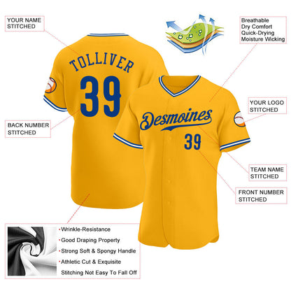 Custom Gold Royal-White Authentic Baseball Jersey - Sky-Custom