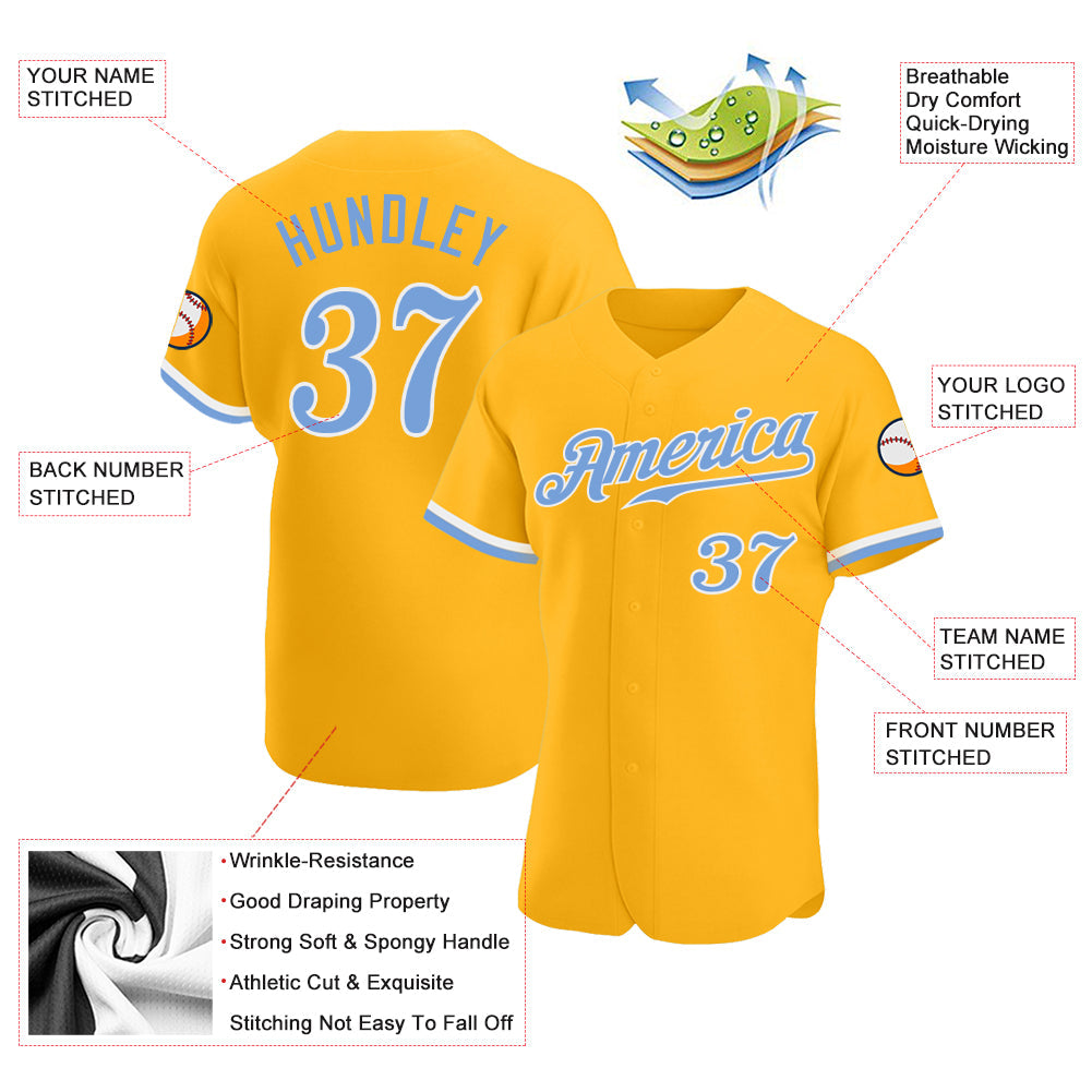Custom Gold Light Blue-White Authentic Baseball Jersey - Sky-Custom